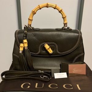 Gucci Green Leather Bamboo Top Handle Large Bag